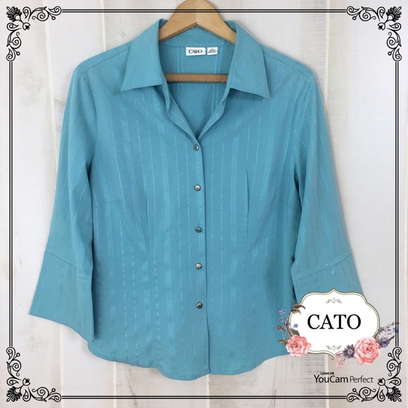 Cato Tops - Cato Button Down Blouse in Blue with 3 qtr sleeves
